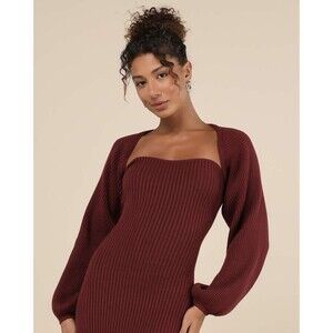 Lulus Autumn Aura Shrug Women's S Burgundy Ribbed Balloon Sleeves NWOT